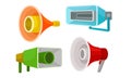 Loudspeakers Collection, Colorful Megaphones, Bullhorns, Symbol of Promotion, Announce, Advertising Vector Illustration