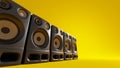 Loudspeakers on yellow background. Music, party, recording studio concept. Digital 3D render