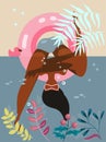 Woman is relaxing and diving in a beautiful warm ocean. Modern colorful poster in flat design