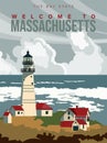Massachusetts is on a tourist poster. Vintage lighthouse. The east state of the US. Boston area. Lighthouse and bay