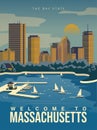 Massachusetts is on a tourist poster. Vintage lighthouse. The east state of the US. Boston