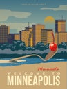 Minnesota tourist vector poster with landscapes, sightseeing in flat vintage style. Welcome to Minneapolis