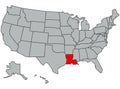 Louisiana vector illustration in gray color. United States of America map. Highlighted in red territory of the US. Contours of the