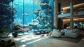 Lounge area with giant aquarium wall in a luxury hotel lobby Royalty Free Stock Photo