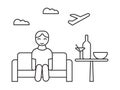 Lounge area icon vector. Tourist sitting on the sofa and waiting check in. Bottle, cocktail, bowl are on the table