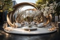 Lounge area at an outdoor wedding banquet decorated with white flowers and candle