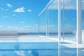 lounge area with pool and glass pavilion and a view of the summer landscape with clear blue sky