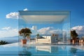 lounge area with pool and sofa, glass pavilion and a view of the summer landscape with clear blue sky