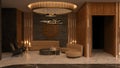Lounge area with seats and coffee table in a modern hotel lobby. 3D render Royalty Free Stock Photo