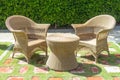 Lounge area two chairs for guests outside with green grass Royalty Free Stock Photo
