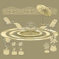 Lounge chair, fountain, umbrella. Garden accessory on beige. Royalty Free Stock Photo