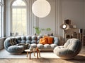 Lounge chair near grey tufted corner sofa in classic room. Scandinavian home interior design of modern living room. Created with Royalty Free Stock Photo