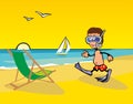 Lounge chairs on the beach. Man wearing diving mask, snorkel. Royalty Free Stock Photo