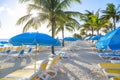 Lounge Chairs and beach umbrellas at a beautiful beach resort. Royalty Free Stock Photo