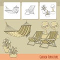 Lounge chairs, hammock and flowers in pot. Vector