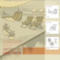 Lounge chairs, hammock and flowers in pot. Vector