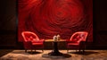 Luxurious Lobby With Red Chairs And Swirl Art In Leica R3 Style