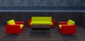 Lounge furniture set. Red armchairs and sofa. Yellow pillows. Red marble tabletop. 3d render Royalty Free Stock Photo