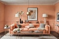 Lounge in peach fuzz room 2024 color year. Apricot sofa and accent painted salmon wall.