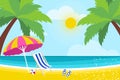 Lounge on Seashore. Parasol under the palm tree. Beach chair with sea. Time to travel. Tropical summer holidays. Flat. Royalty Free Stock Photo