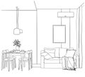 Lounge with sofa, window, paintings, houseplants, carpet and chair. Living room in an apartment or house, black and white sketch,