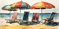 tree vacation resort chair beach umbrella rest relax watercolor background summer. Generative AI.