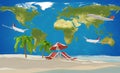 lounge and umbrella on sand beach island with airplanes and world map 3d-illustration. elements of this image furnished by NASA Royalty Free Stock Photo