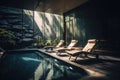 Loungers by relaxation pool with garden view at health spa, created using generative ai technology Royalty Free Stock Photo