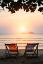 Loungers at the seaside at amazing sunset. Nature.