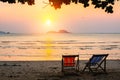 Loungers at the seaside at amazing sunset. Relax.