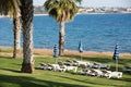 Lounges and umbrellas on sea beach