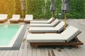 Sunbeds on Swimming Pool Wooden Deck with Green Natural Plants Background