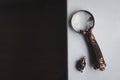 Loupe close-up, vintage magnifier handmade on dark wooden table background, concept of search, investigation, private detective, Royalty Free Stock Photo