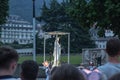 Lourdes, France, 24 June 2019: Evening procession with candles at the shrine of Lourdes Royalty Free Stock Photo