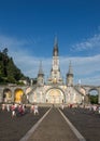 Lourdes, France, 24 June 2019: Front of the richly decorated entrance to the Rosary Basilica in Lourdest Royalty Free Stock Photo