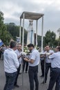 Lourdes, France June 24, 2019: Preparation for going out to the evening rosary procession at the Marian shrine in Lourdes Royalty Free Stock Photo