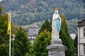 Statue of the Virgin Mary on the esplanade of the Rosary Basilica in Lourdes, France