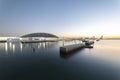 Louvre, Modern architecture on the water in the evening glow, Abu Dhabi, Emirates, Dec.2017