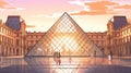 Cartoon Of The Louvre Building With Pyramid And People In Warm Anime Style