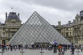 The impressive glass and metal Pyramid in the compound of the Louvre Museum.