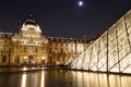 Louvre pyramid museum in Paris at night light, Musee du Louvre. Royalty Free Stock Photo