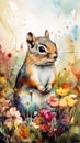 Lovable Baby Chipmunk in a Colorful Flower Field for Art Prints and Greetings. Royalty Free Stock Photo