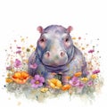 Lovable Baby Hippo in a Colorful Flower Field for Art Prints and Greeting Cards. Royalty Free Stock Photo