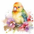 Lovable Baby Lovebird in a Colorful Flower Field for Art Prints and Greetings. Royalty Free Stock Photo