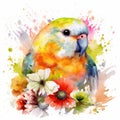 Lovable Baby Lovebird in a Colorful Flower Field for Art Prints and Greetings. Royalty Free Stock Photo