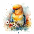 Lovable Baby Lovebird in a Colorful Flower Field for Art Prints and Greetings. Royalty Free Stock Photo