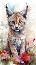 Lovable Baby Lynx in a Colorful Flower Field for Art Prints and Greeting Cards. Royalty Free Stock Photo