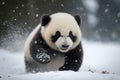 A lovable baby panda playing in the snowy winter. AI Royalty Free Stock Photo