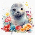 Lovable Baby Seal in a Colorful Flower Field Ideal for Art Prints and Greeting Cards. Royalty Free Stock Photo