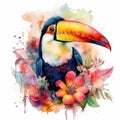 Lovable Baby Toucan in a Colorful Flower Field for Art Prints and Greeting Cards. Royalty Free Stock Photo